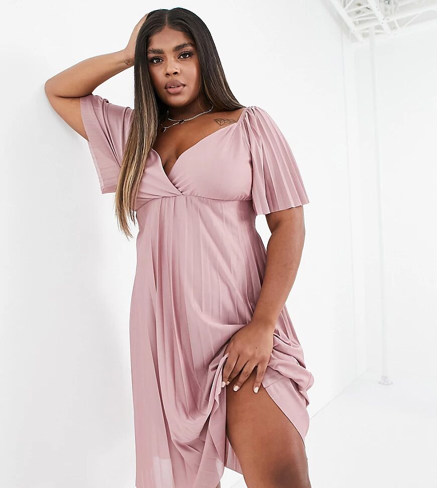 ASOS Curve ASOS DESIGN Curve pleated twist back cap sleeve midi dress in rose-Pink  Pink