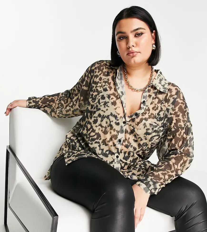 ASOS DESIGN Curve recycled blend oversized mesh button shirt in animal print-Brown  Brown