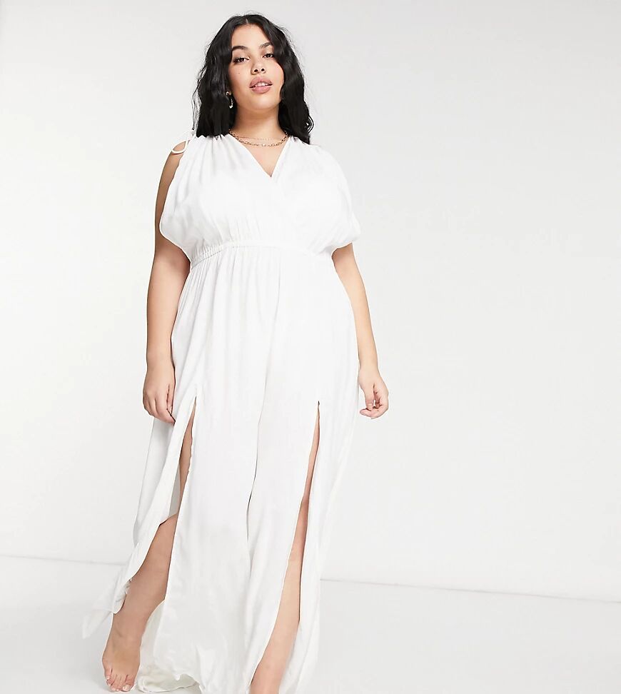 ASOS Curve ASOS DESIGN curve recycled gathered detail maxi beach dress in white  White