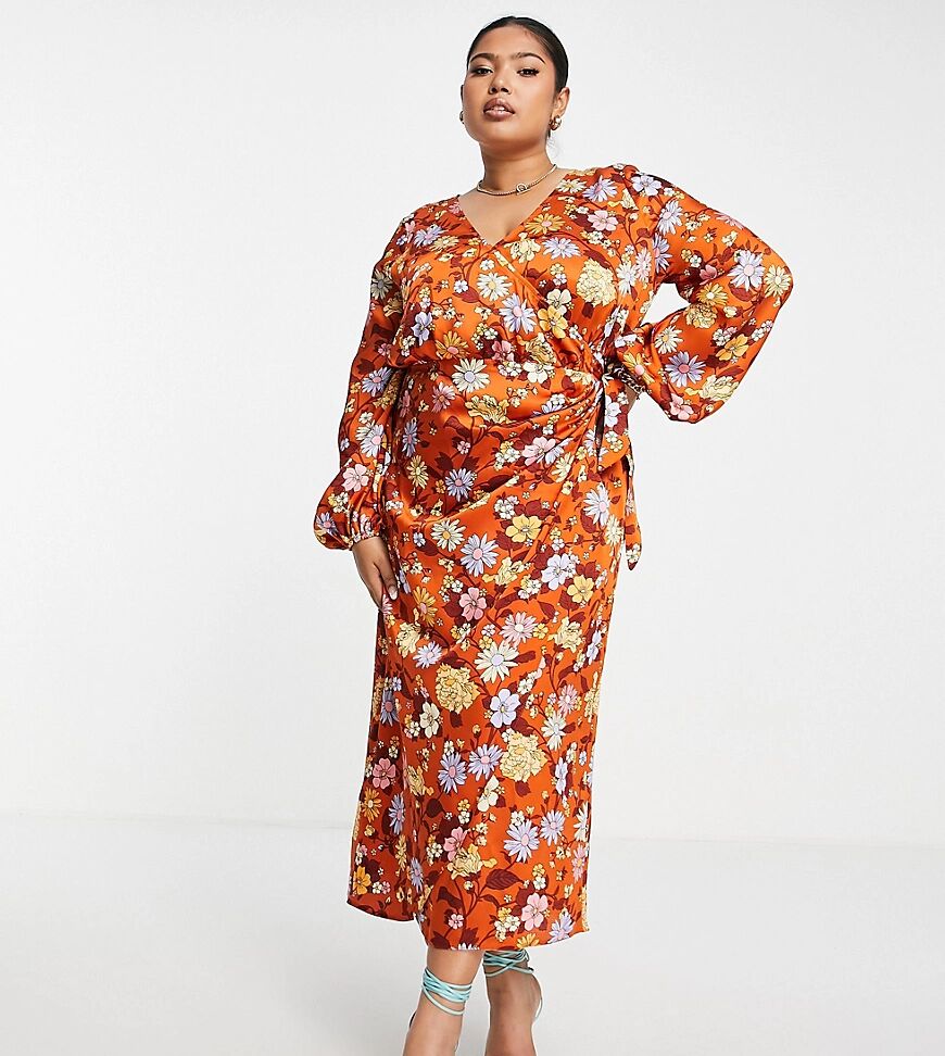 ASOS Curve ASOS DESIGN Curve satin wrap maxi dress in 70s floral print-Multi  Multi