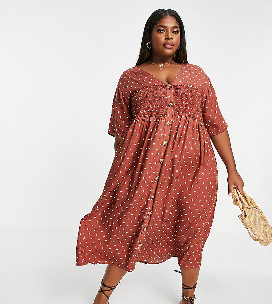 ASOS Curve ASOS DESIGN Curve shirred button through midi smock dress in rust spot print-Multi  Multi