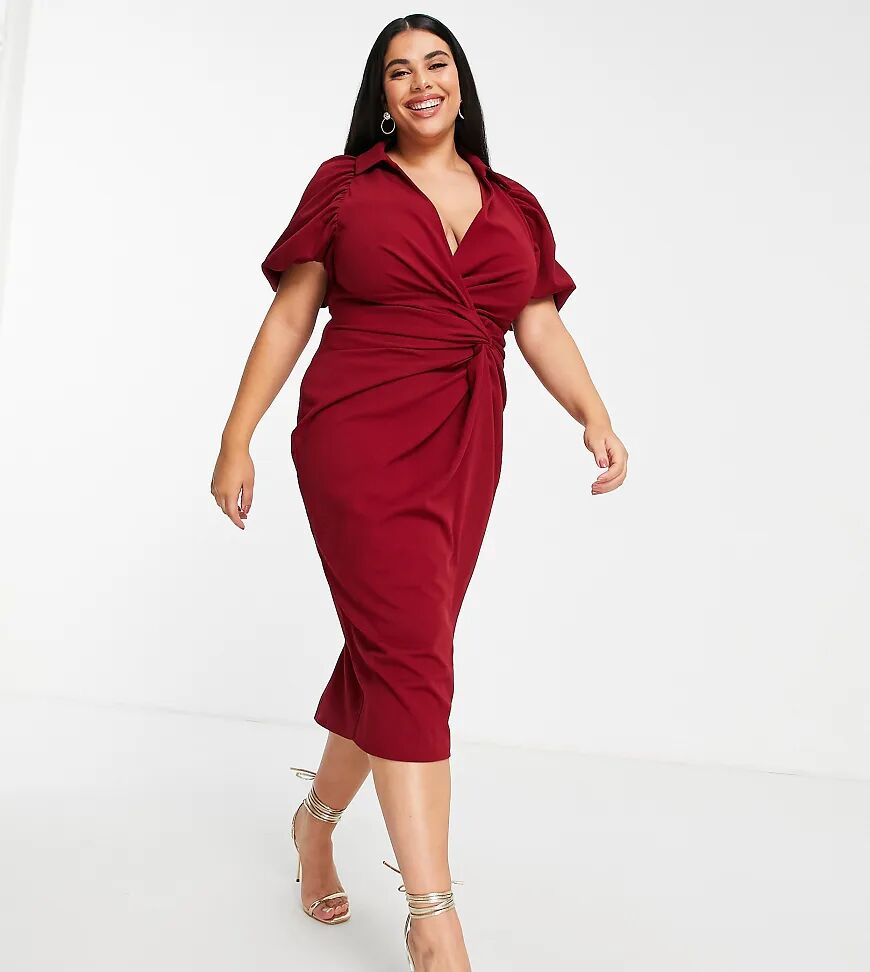 ASOS Curve ASOS DESIGN Curve shirt knot detail wrap midi dress in oxblood-Red  Red