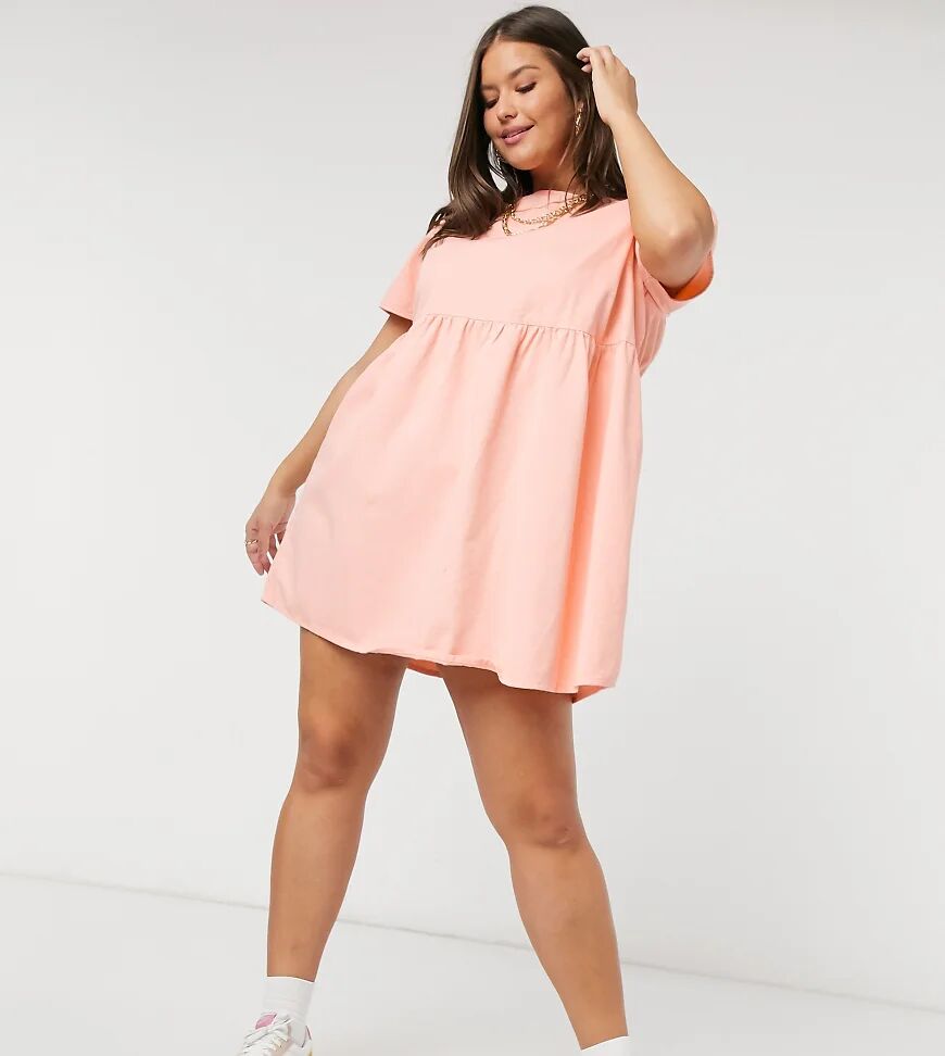 ASOS Curve ASOS DESIGN Curve soft denim smock dress in coral-White  White