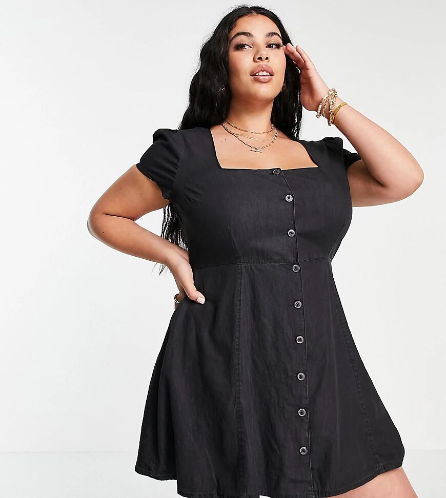 ASOS Curve ASOS DESIGN Curve soft denim square neck tea dress in washed black  Black