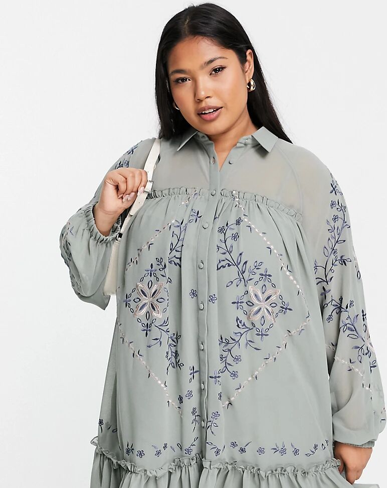 ASOS Curve ASOS DESIGN Curve soft mini smock shirt dress with embroidery in green  Green