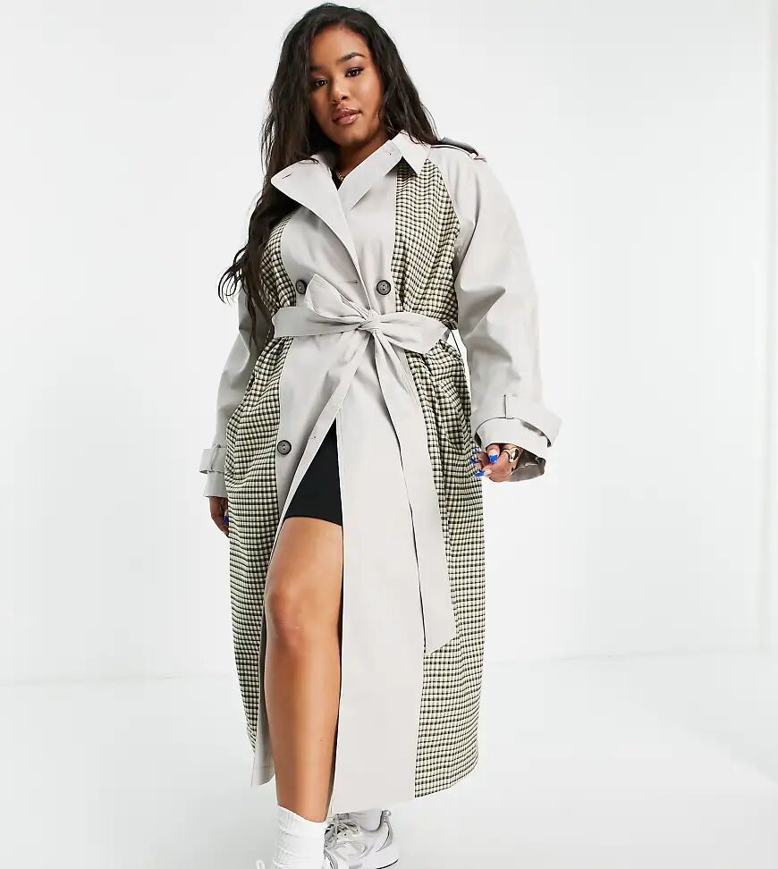 ASOS Curve ASOS DESIGN Curve spliced check trench coat-Green  Green