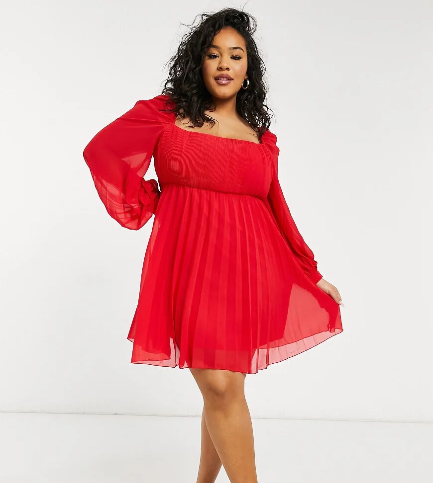 ASOS Curve ASOS DESIGN Curve square neck pleated mini skater dress in red  Red