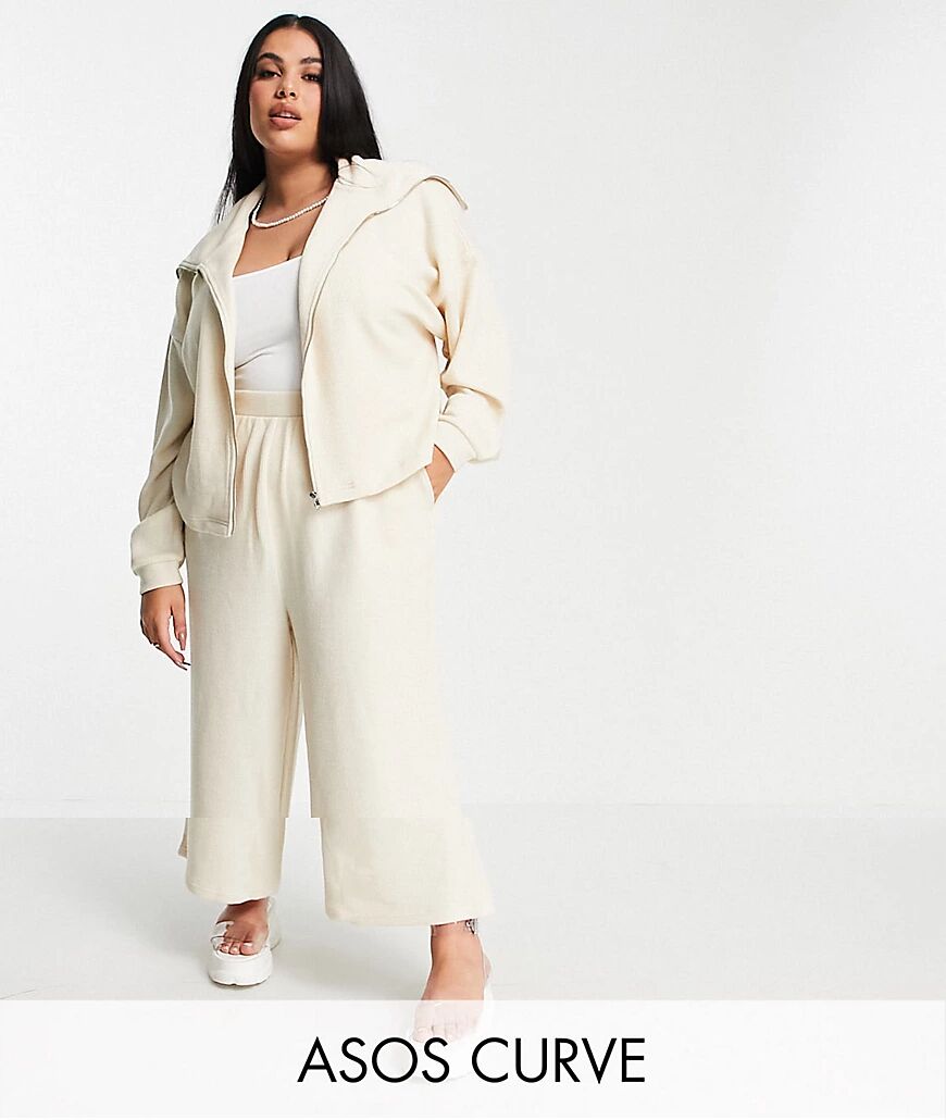 ASOS Curve ASOS DESIGN Curve tracksuit zip through hoodie / culotte trouser in fluffy texture in beige-White  White