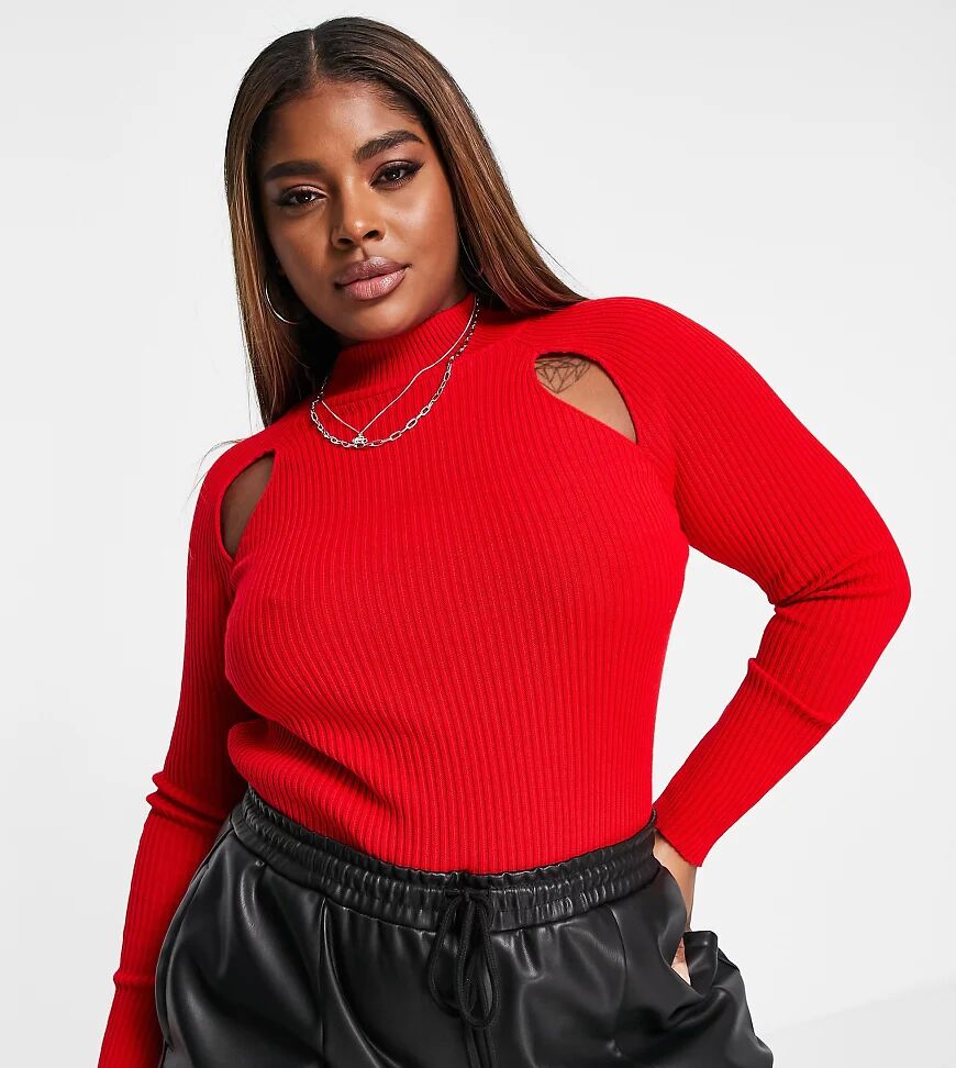 ASOS Curve ASOS DESIGN Curve turtle neck jumper in knitted rib with cutout detail-Red  Red