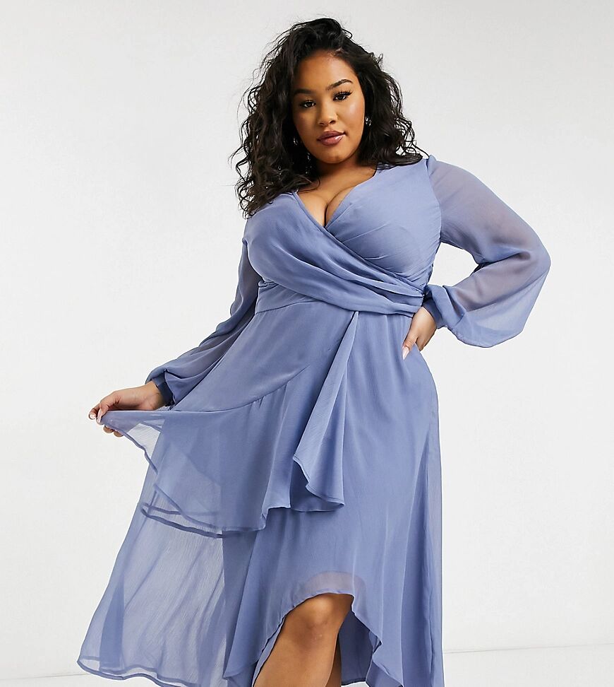 ASOS Curve ASOS DESIGN Curve wrap waist midi dress with double layer skirt and long sleeve in light blue  Blue