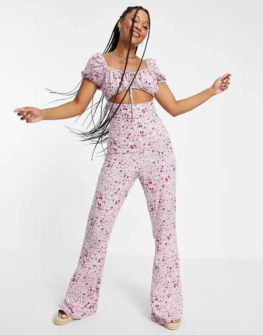 ASOS DESIGN cut out milk maid kickflare jumpsuit in lilac floral-Multi  Multi