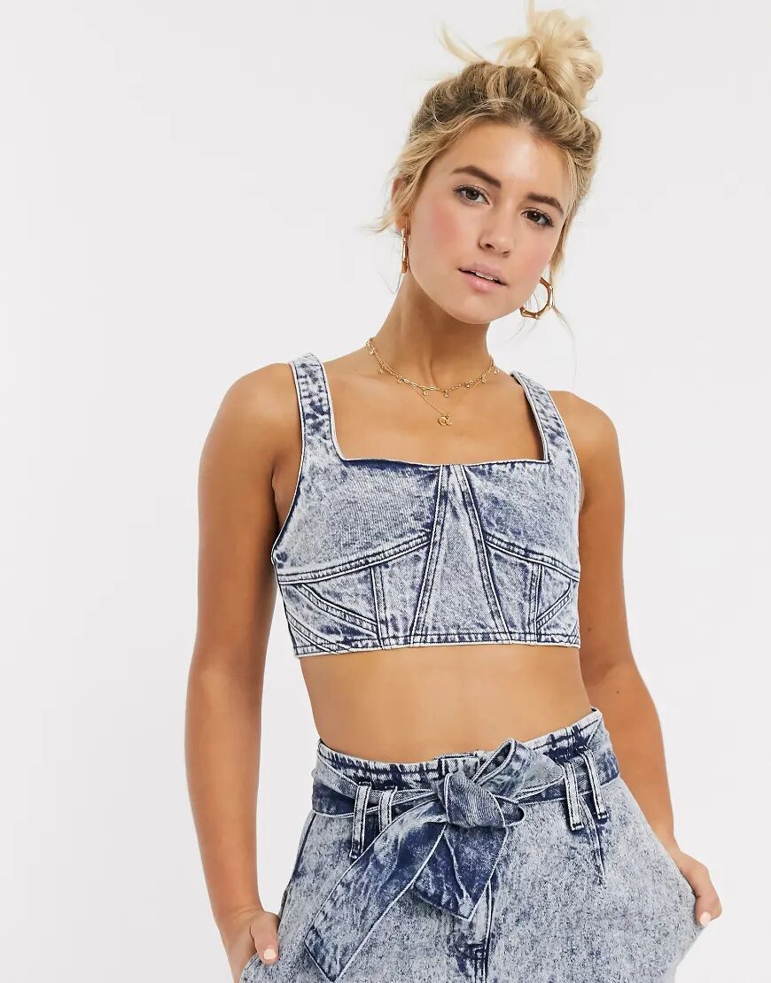 ASOS DESIGN denim bralet with contour detail in acid wash-Blue  Blue