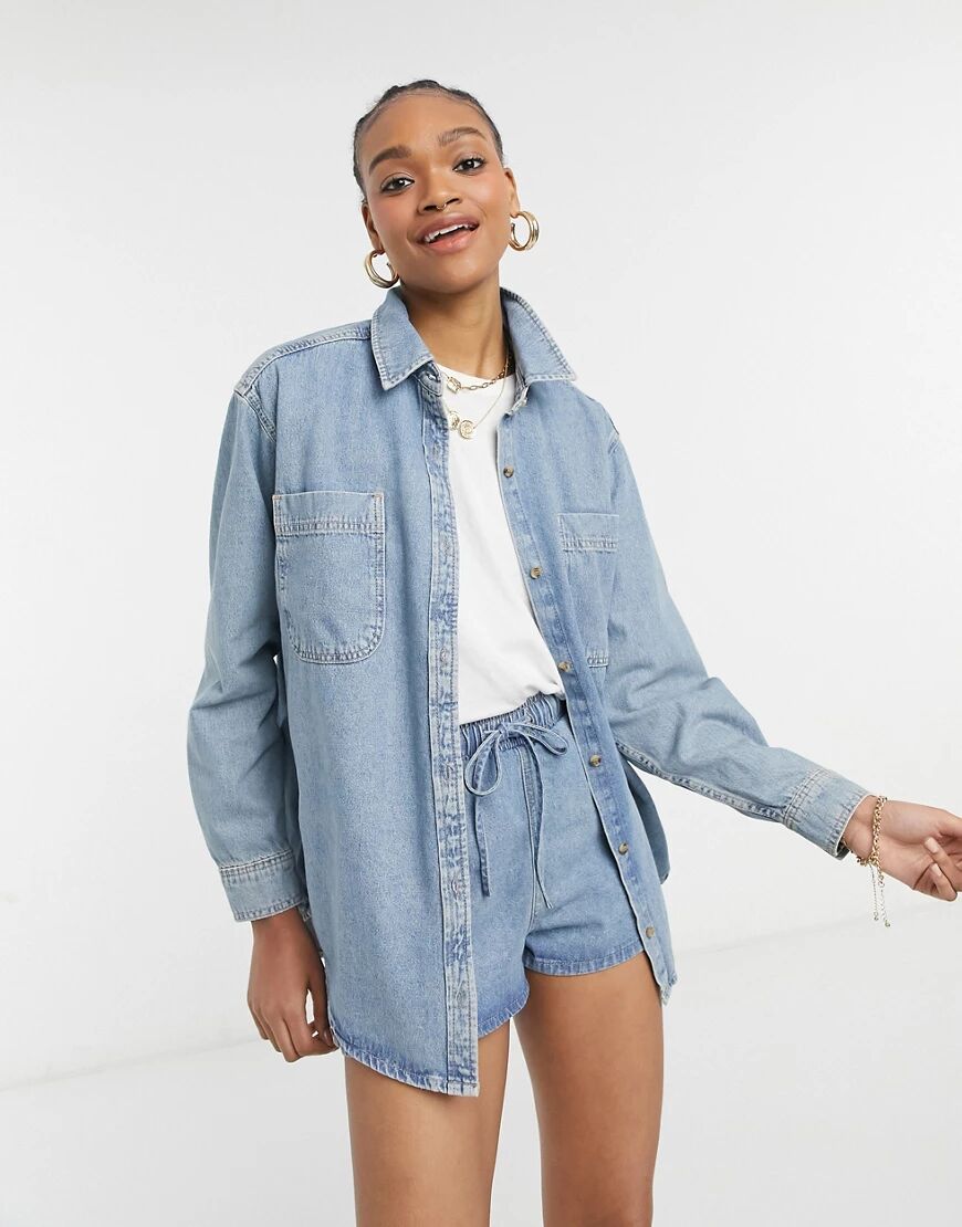 ASOS DESIGN denim slouchy shirt in midwash co-ord-Blue  Blue