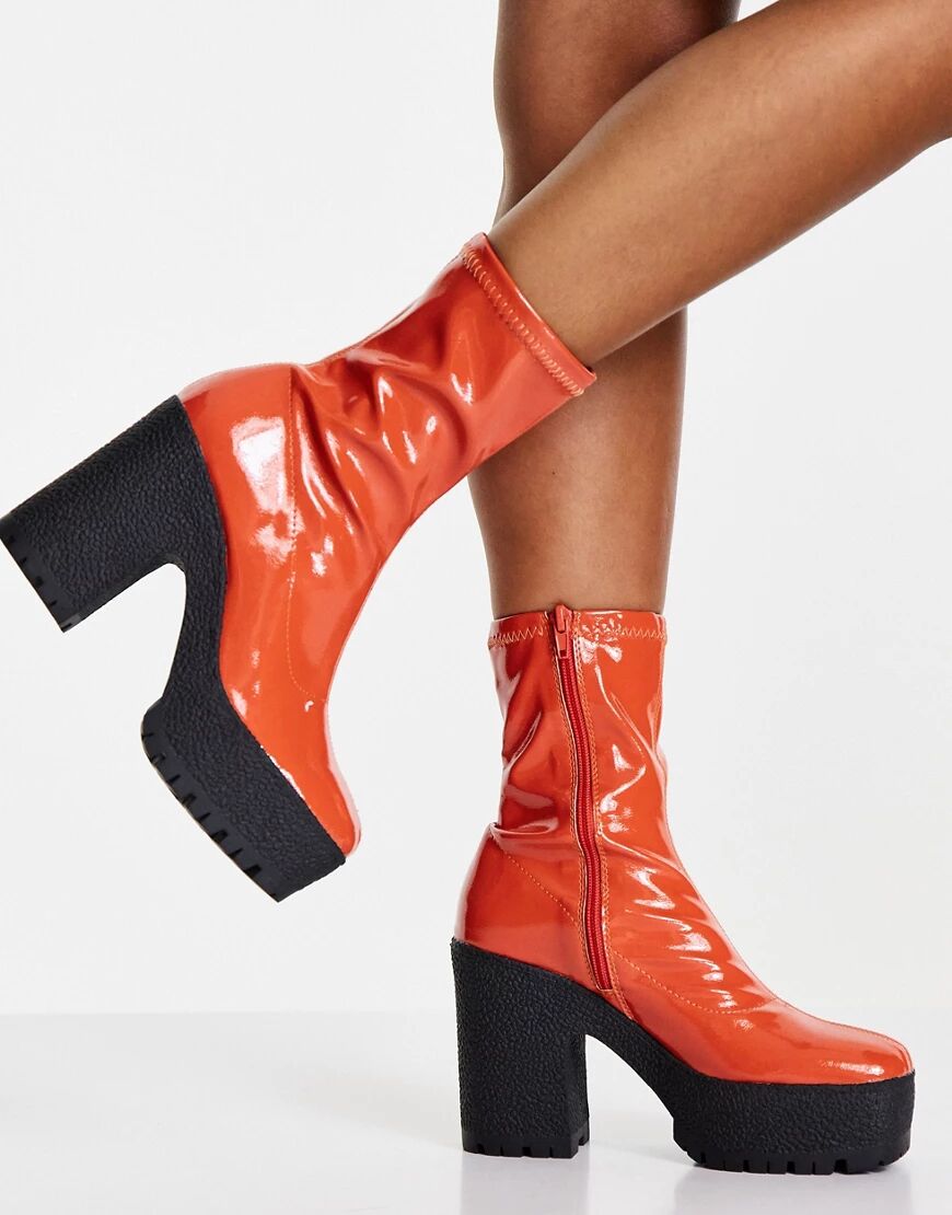ASOS DESIGN Elena high heeled sock boots in orange patent  Orange
