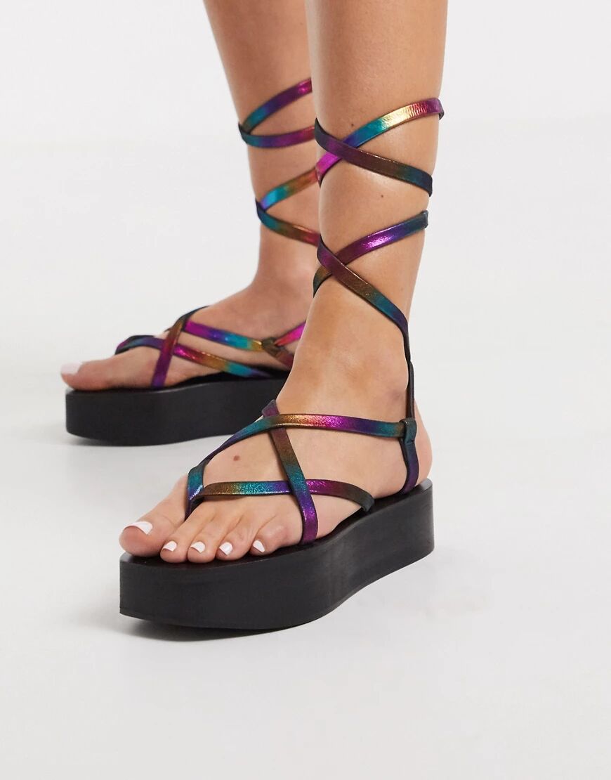 ASOS DESIGN Ferry leather strappy flatform sandals in rainbow-Multi  Multi