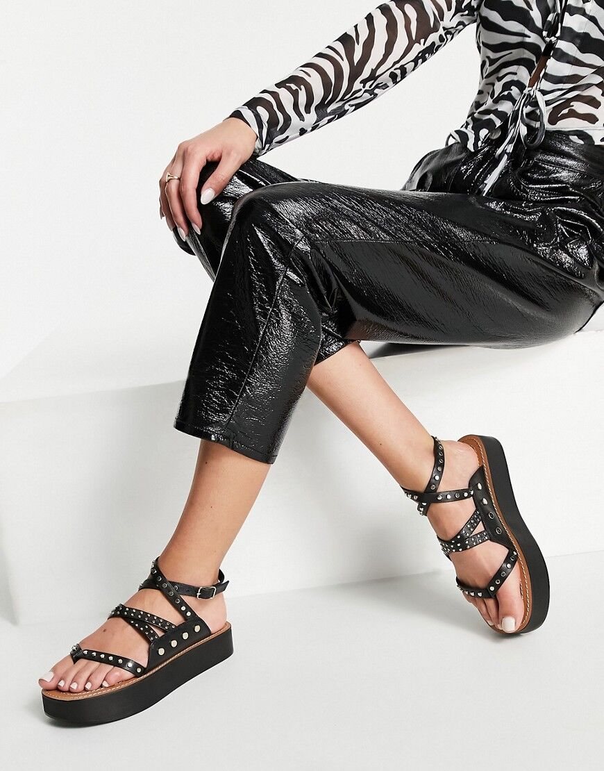 ASOS DESIGN Flinch studded leather flatform sandals in black  Black