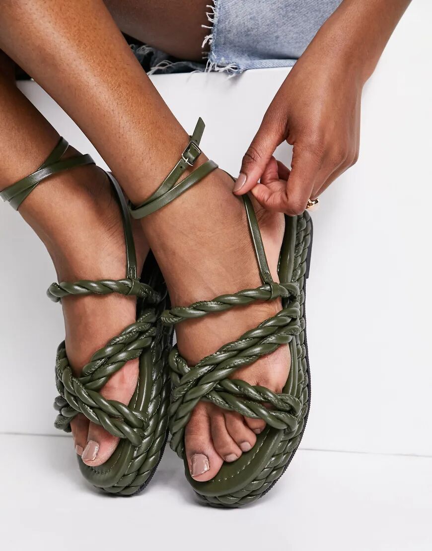 ASOS DESIGN Franky rope flat sandals in khaki-Green  Green