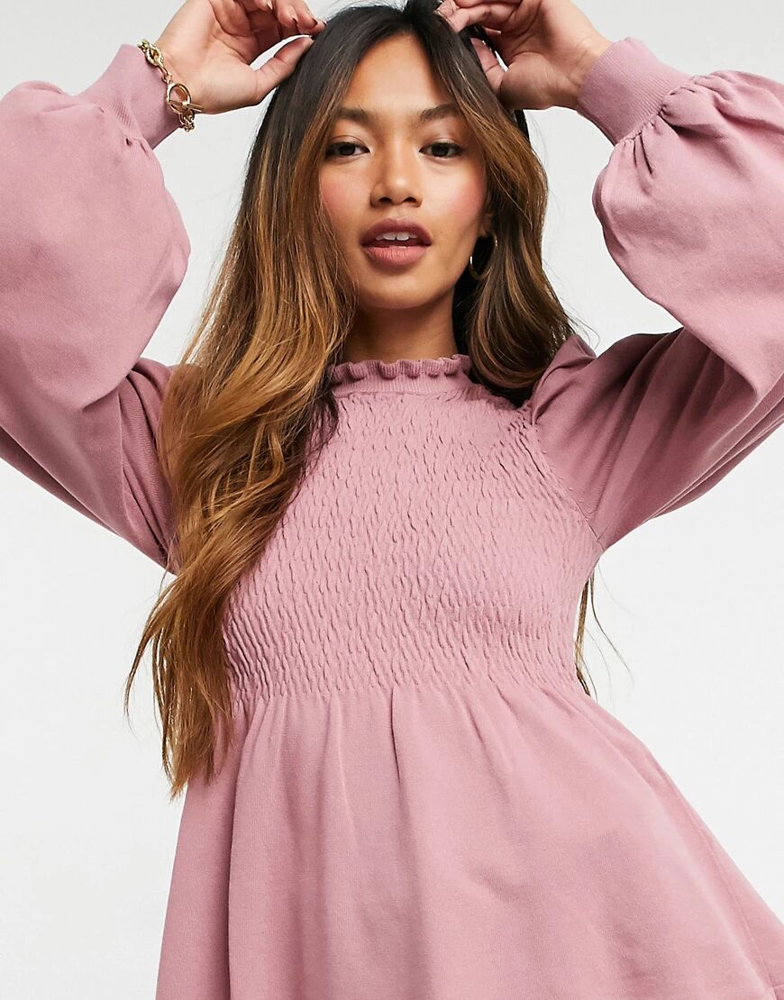ASOS DESIGN frill neck jumper with shirred body in pink  Pink