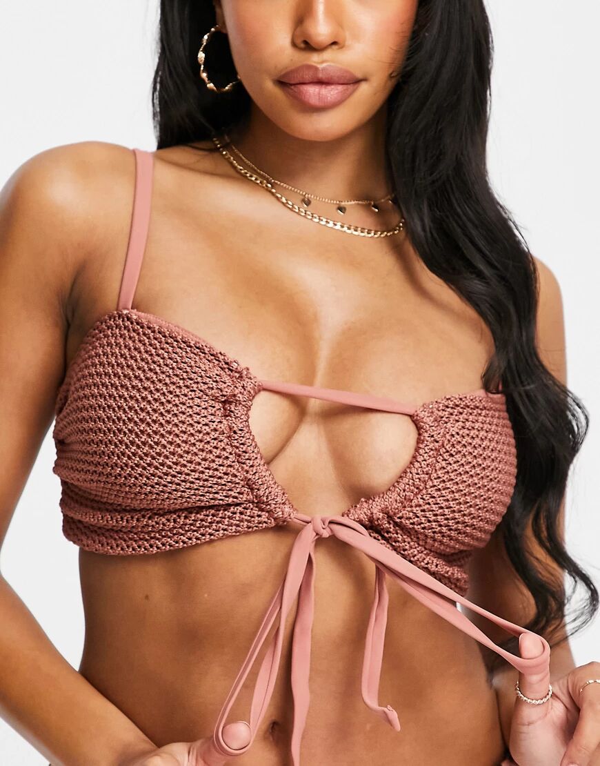 ASOS DESIGN fuller bust crochet tie front bandeau bikini top in copper brown  Brown