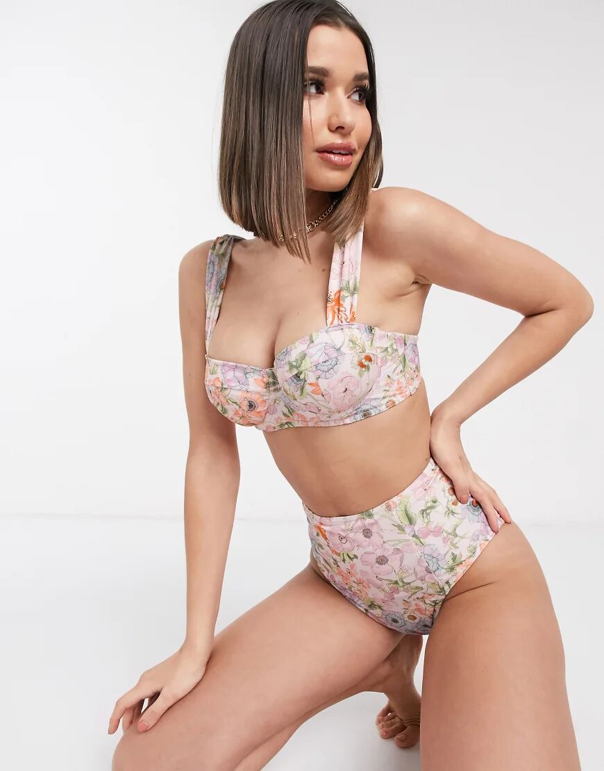 ASOS DESIGN fuller bust high waist bikini bottom in watercolour floral print-Multi  Multi