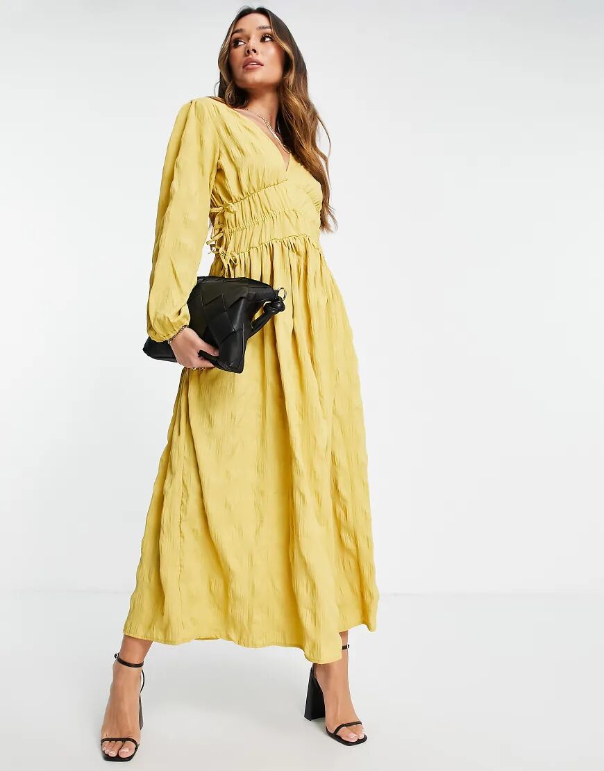 ASOS DESIGN gathered waist maxi dress in seersucker in mustard-Yellow  Yellow