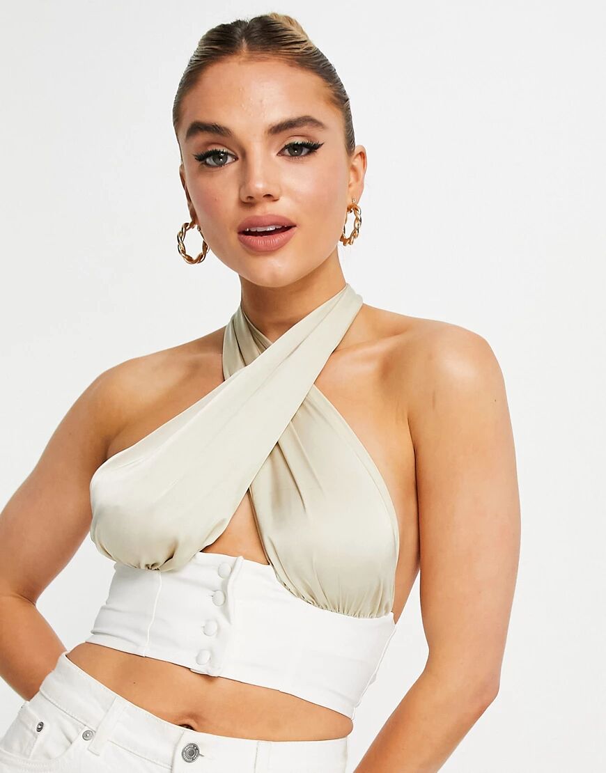 ASOS DESIGN halter cross neck crop top with button detail in light gold  Gold