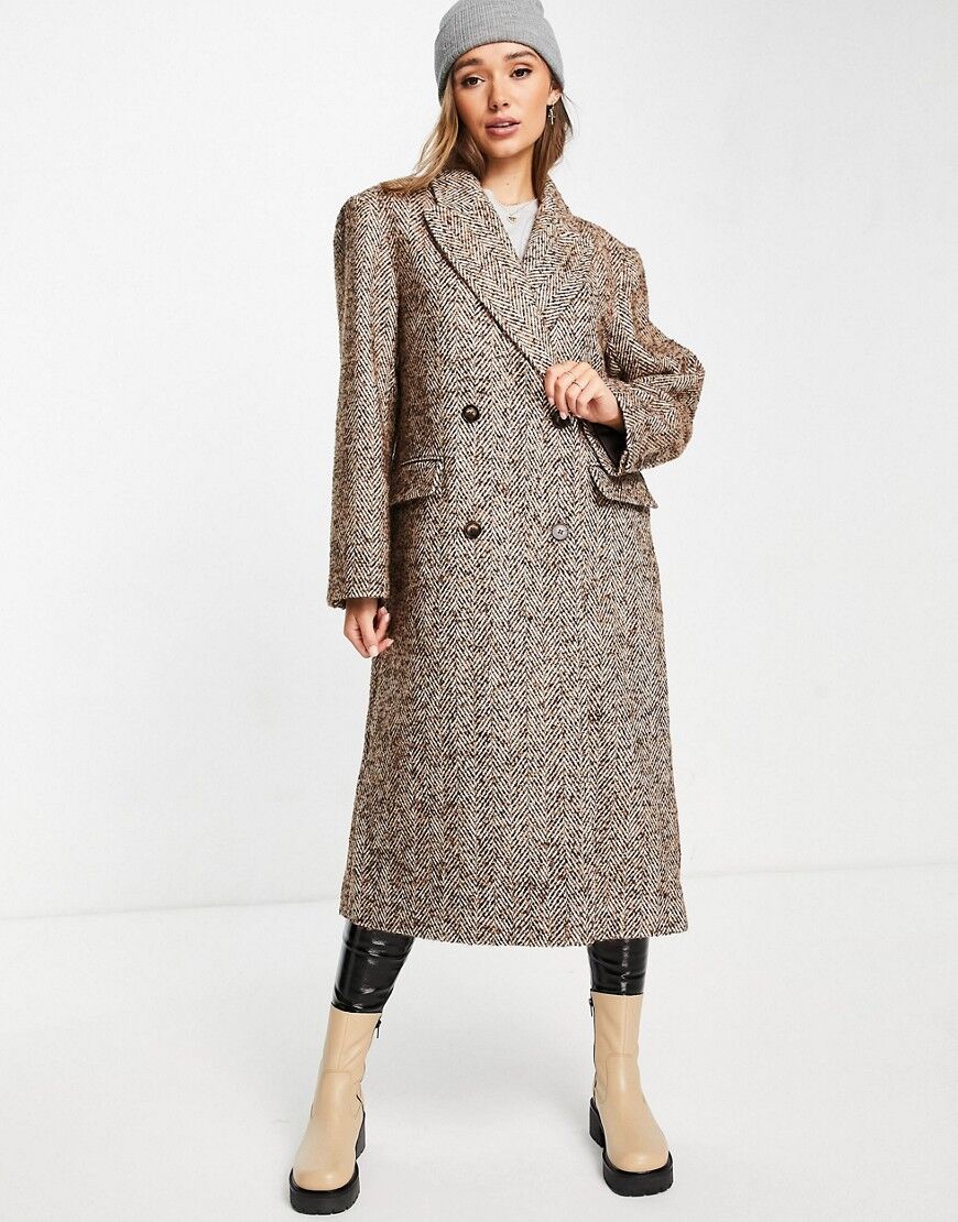 ASOS DESIGN herringbone dad coat in brown  Brown