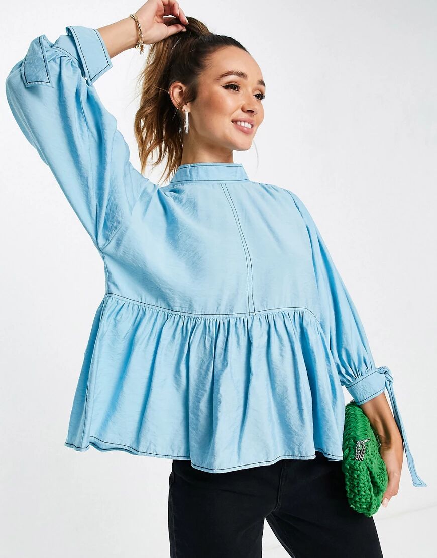 ASOS DESIGN high neck kimono smock top with volume sleeve and contrast stitching in blue  Blue