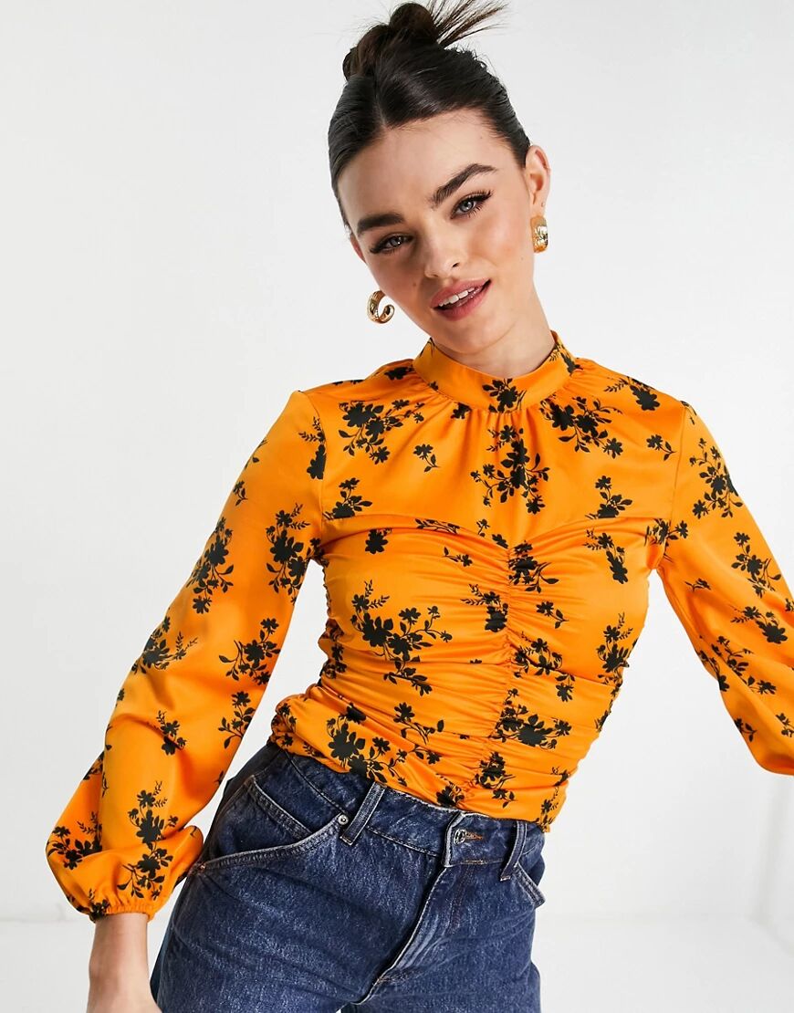 ASOS DESIGN high neck ruched front top long sleeve in orange floral-Multi  Multi