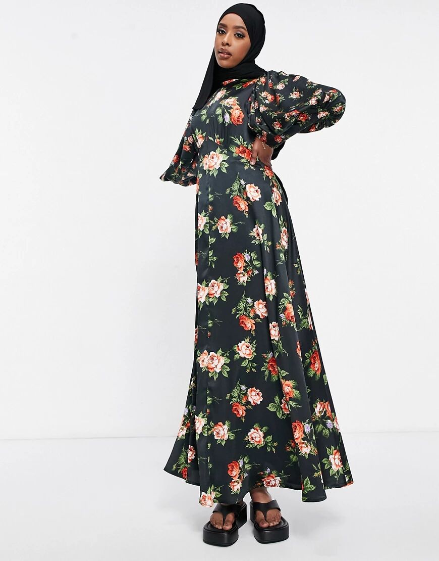 ASOS DESIGN high neck satin maxi dress in rose floral-Multi  Multi