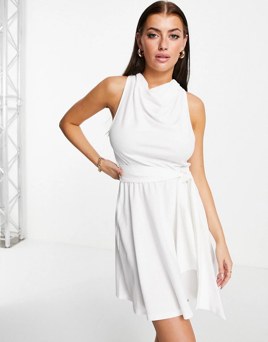 ASOS DESIGN high neck scarf belted skater mini dress in ivory-White  White