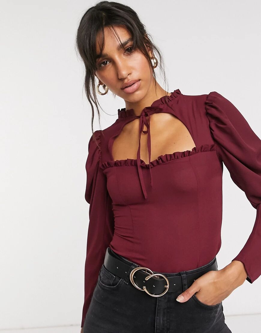 ASOS DESIGN high neck top with sweetheart cut out detail in oxblood-No colour  No colour