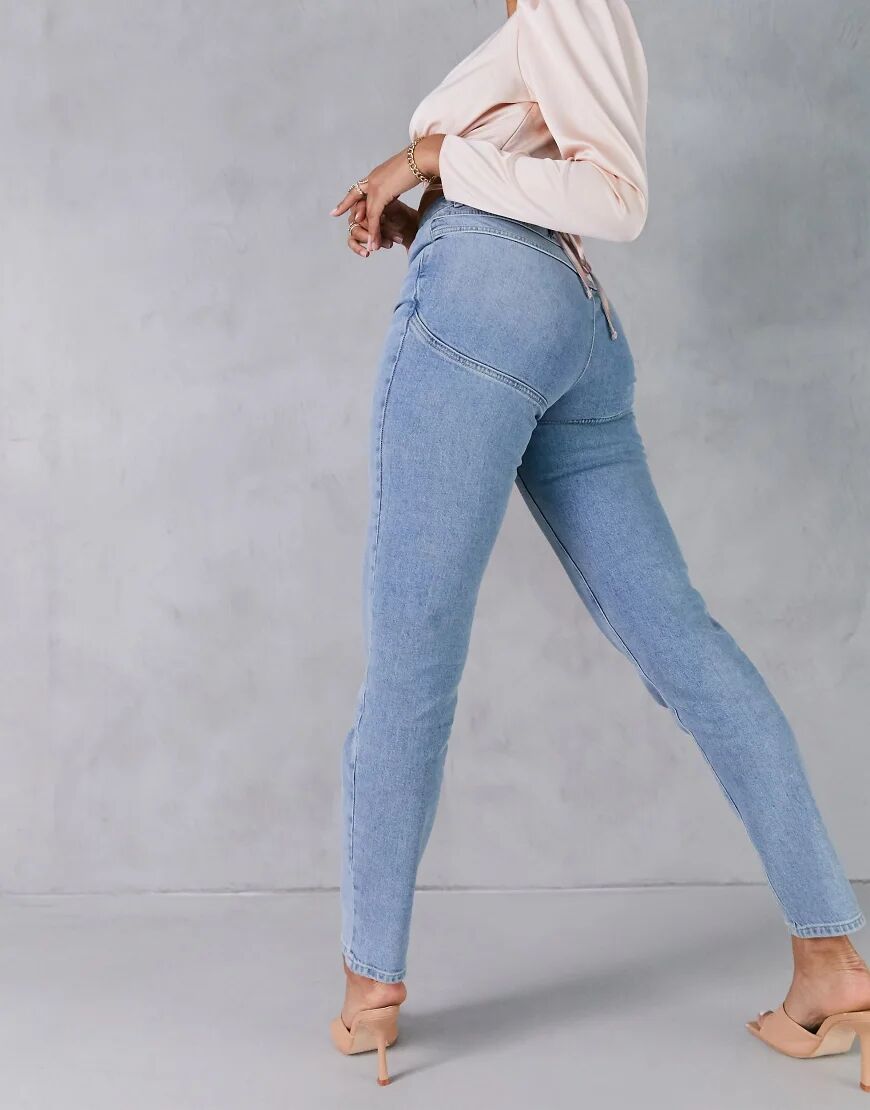 ASOS DESIGN high rise 'lift and contour' slim mom jeans in midwash-Blue  Blue