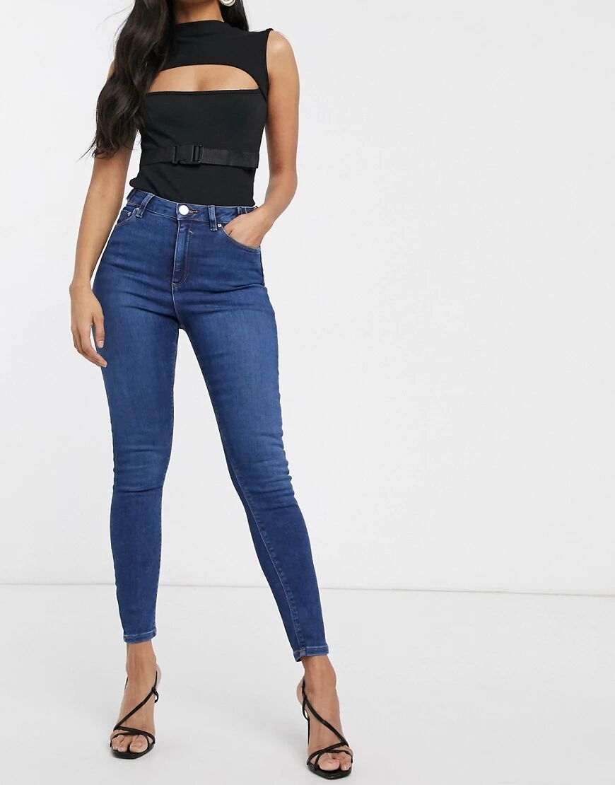 ASOS DESIGN high rise ridley 'skinny' jeans in dark vintage stonewash with tab waisted detail-Blue  Blue