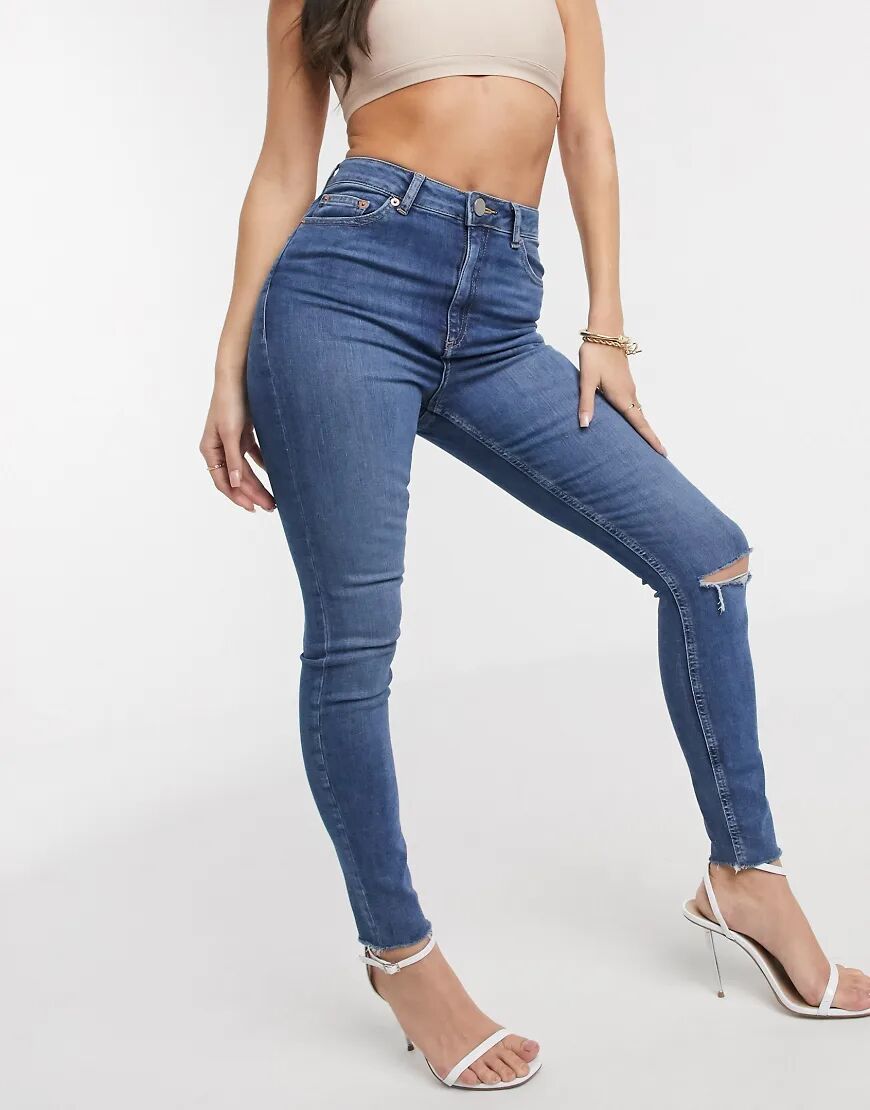 ASOS DESIGN high rise ridley 'skinny' jeans with rips in midwash blue wash  Blue