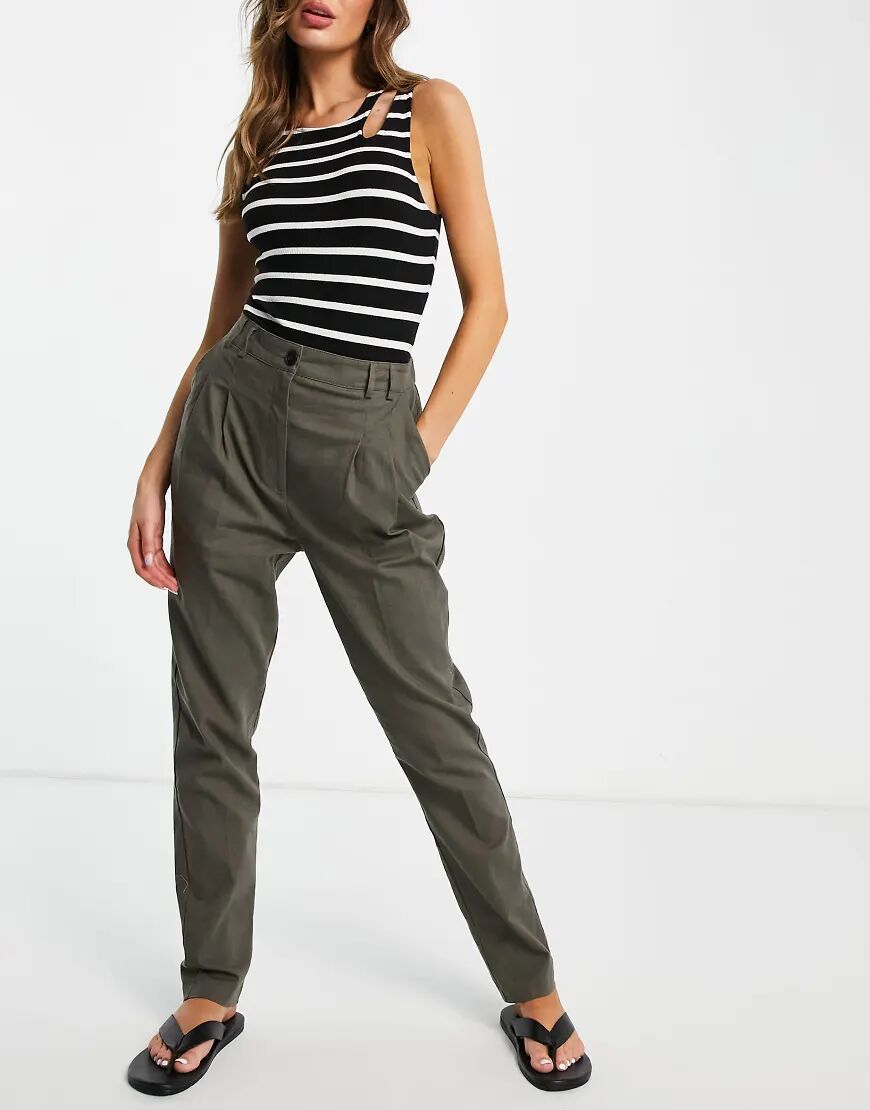 ASOS DESIGN high waist slim peg trouser in khaki linen-Green  Green