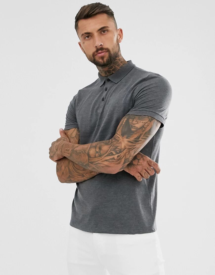 ASOS DESIGN jersey polo in charcoal marl-Grey  Grey