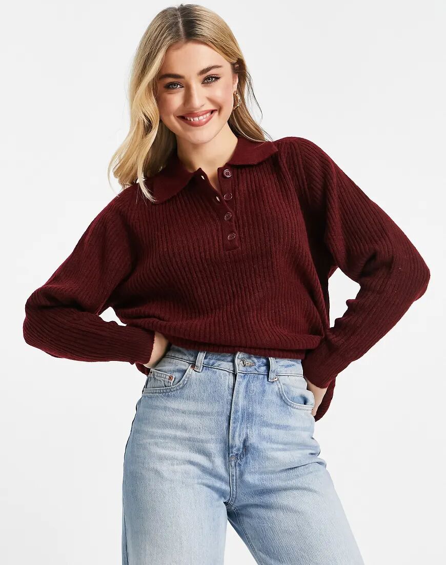 ASOS DESIGN jumper with polo neck in rib in dark red  Red