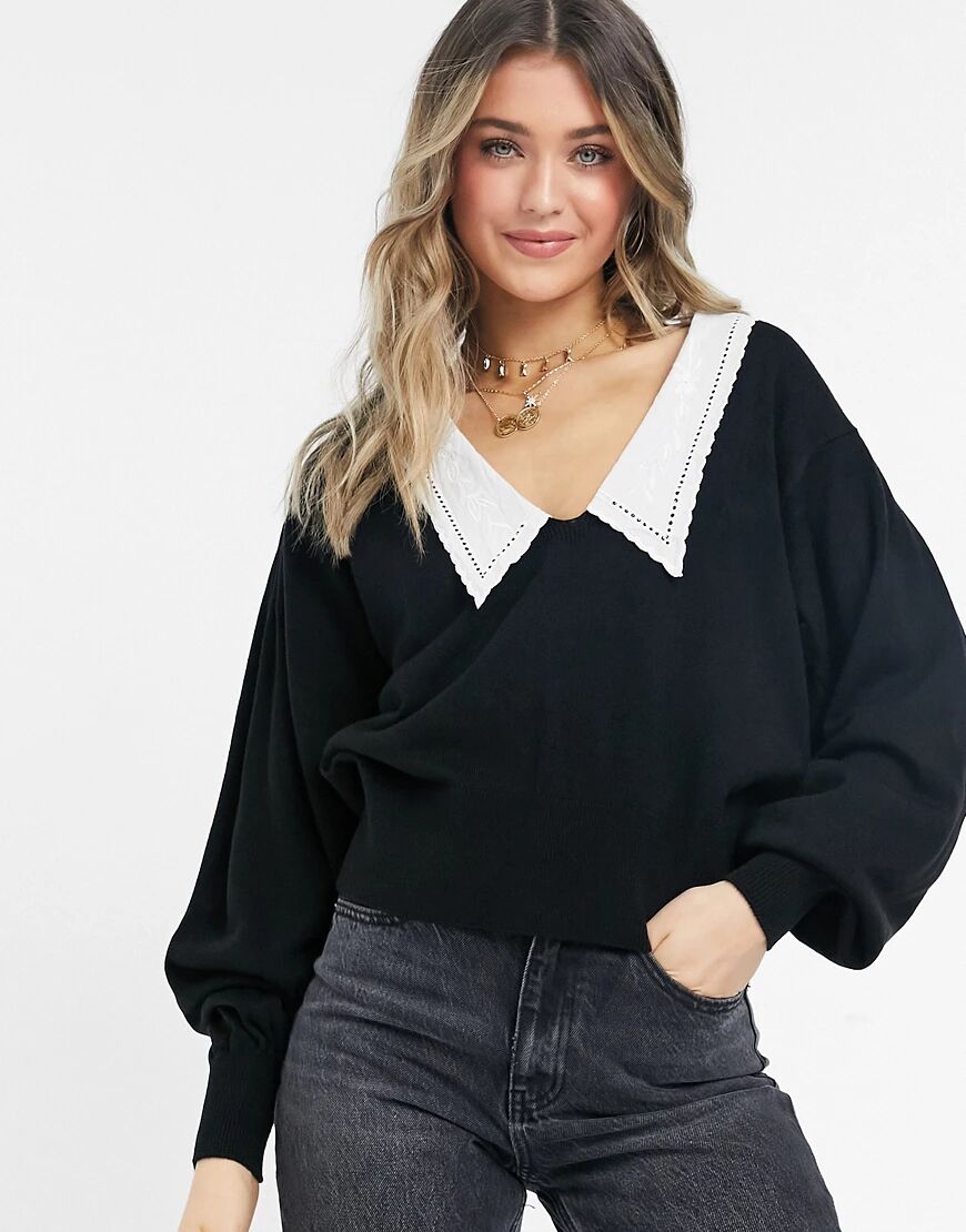 ASOS DESIGN Jumper with V neck and woven collar-Black  Black