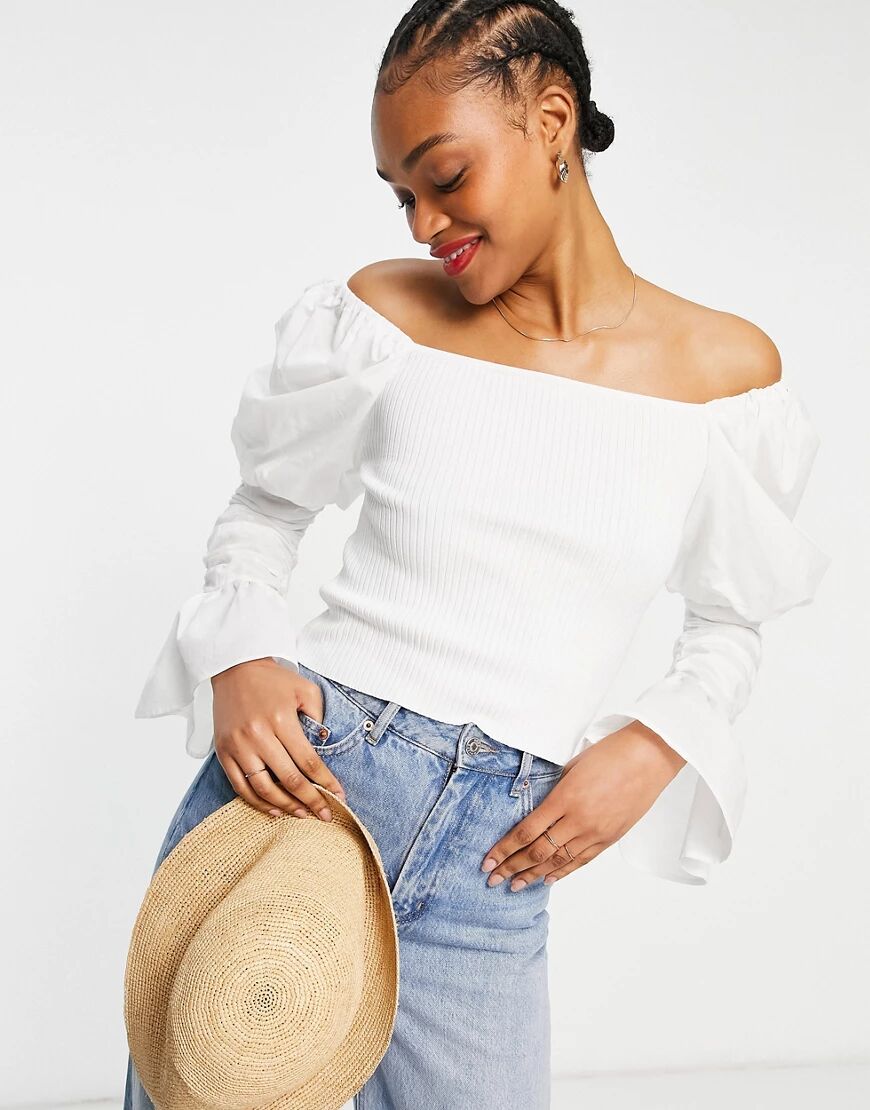 ASOS DESIGN jumper with volume woven sleeves in white  White