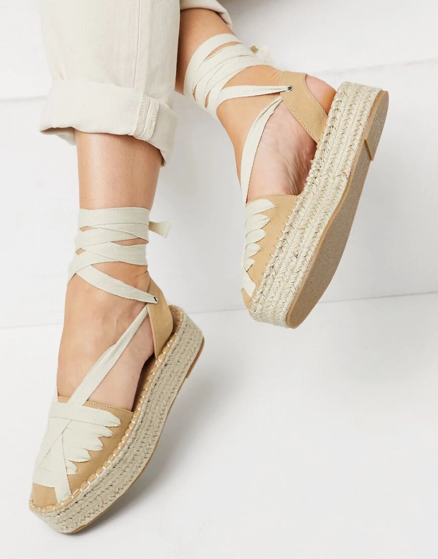 ASOS DESIGN Junior flatform espadrilles with ankle tie in tan/cream-Neutral  Neutral