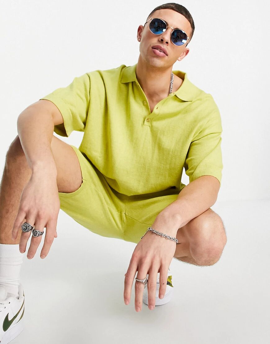 ASOS DESIGN knitted linen mix polo t-shirt co-ord in yellow yarn  Yellow