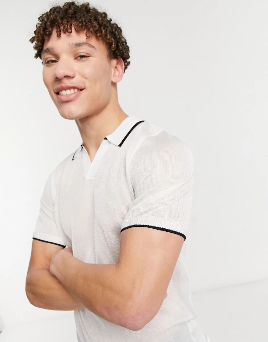 ASOS DESIGN knitted mesh revere polo in white with black tipping  White