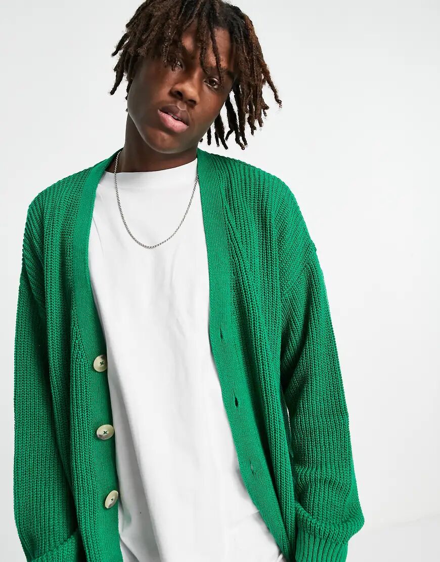 ASOS DESIGN knitted oversized fisherman rib cardigan in green  Green