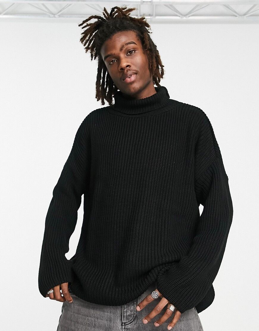 ASOS DESIGN knitted oversized funnel neck jumper in black  Black