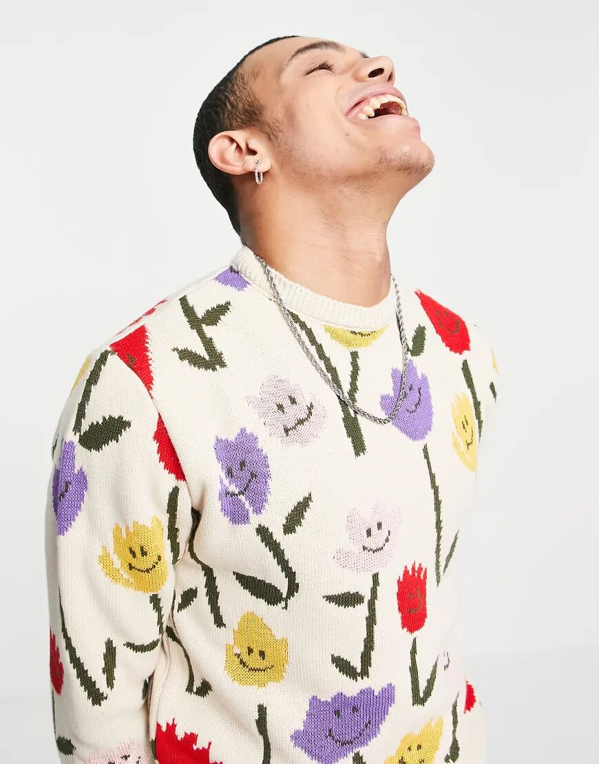 ASOS DESIGN knitted oversized jumper with happy flowers-Multi  Multi