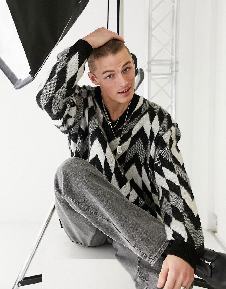 ASOS DESIGN knitted oversized v-neck jumper with monochrome checkerboard-Black  Black
