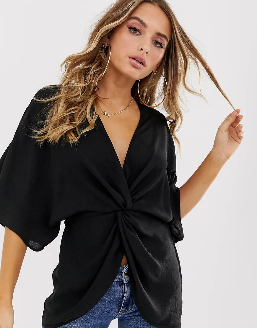 ASOS DESIGN knot front top with kimono sleeve-Black  Black