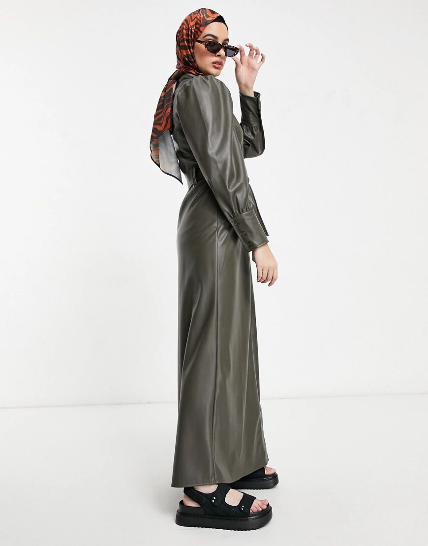 ASOS DESIGN Leather look maxi shirt dress in olive-Green  Green