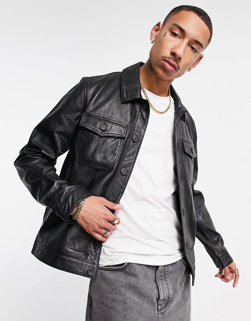 ASOS DESIGN leather overshirt in black  Black